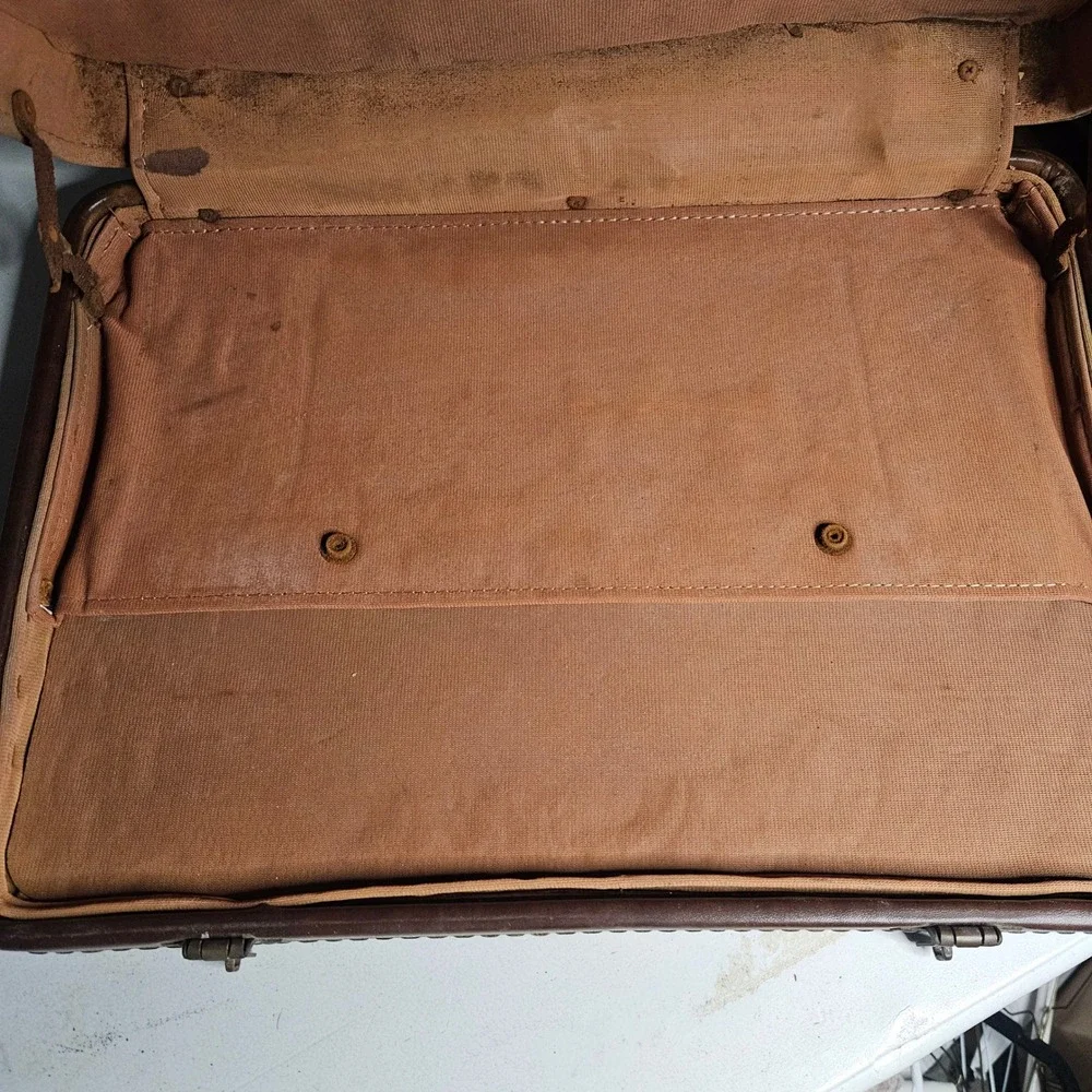 Vintage Hardshell Tweed Suitcase Brown Chevron Woven Luggage with Keys 1960s